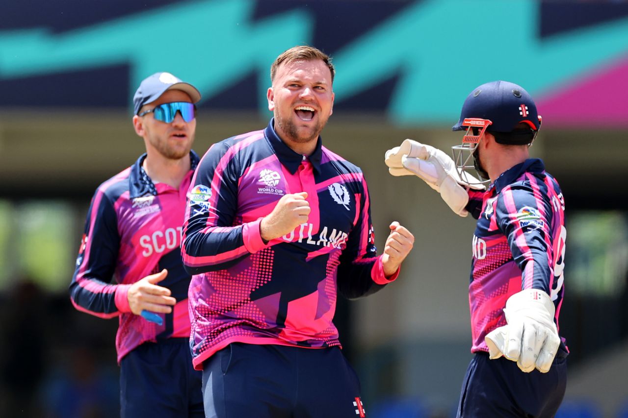 Mark Watt celebrates the wicket of Zeeshan Maqsood, Scotland vs Oman, T20 World Cup, Antigua, June 9, 2024