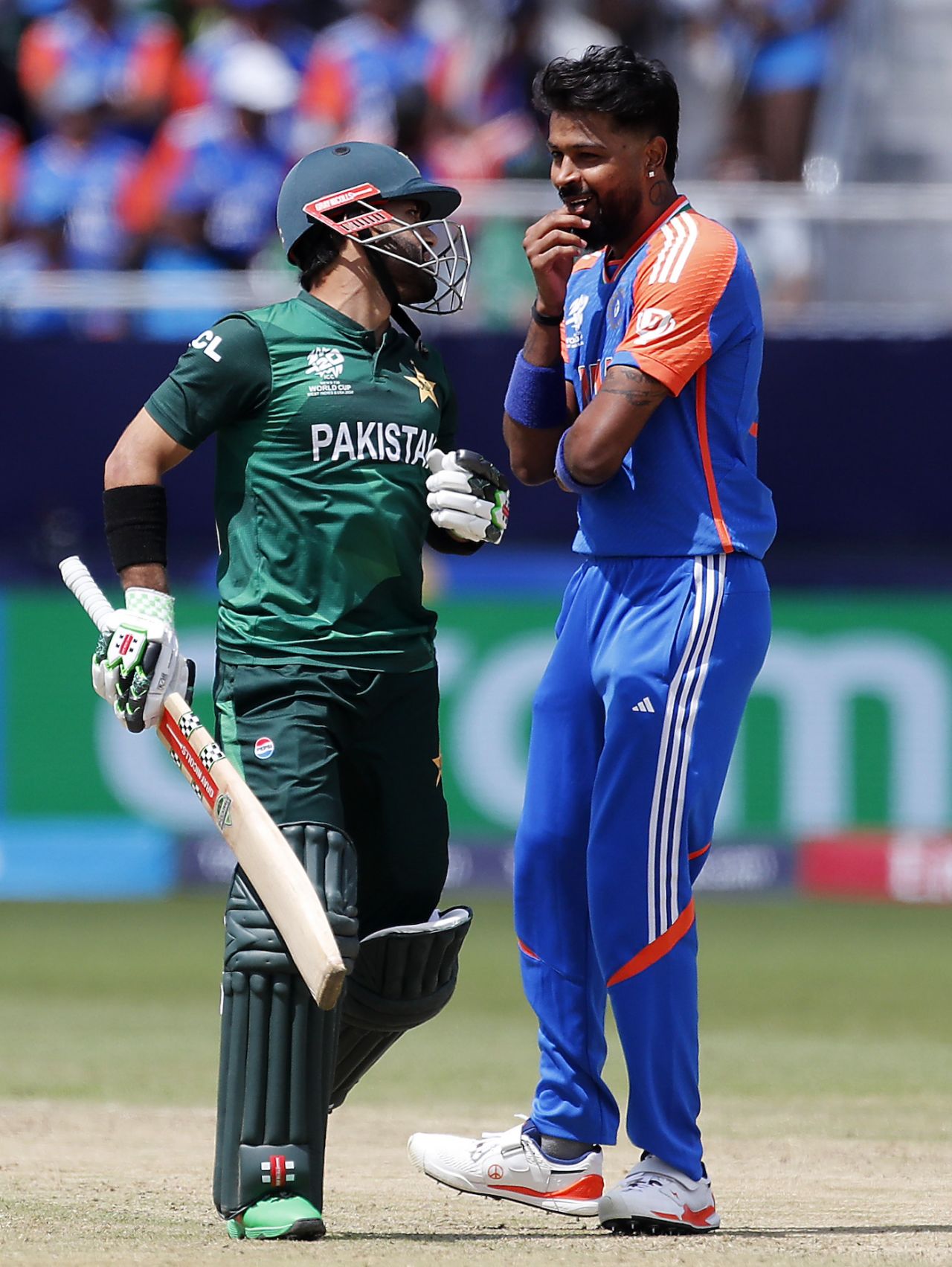 It's all rather friendly out there, between Mohammad Rizwan and Hardik Pandya, India vs Pakistan, T20 World Cup 2024, New York, June 9, 2024
