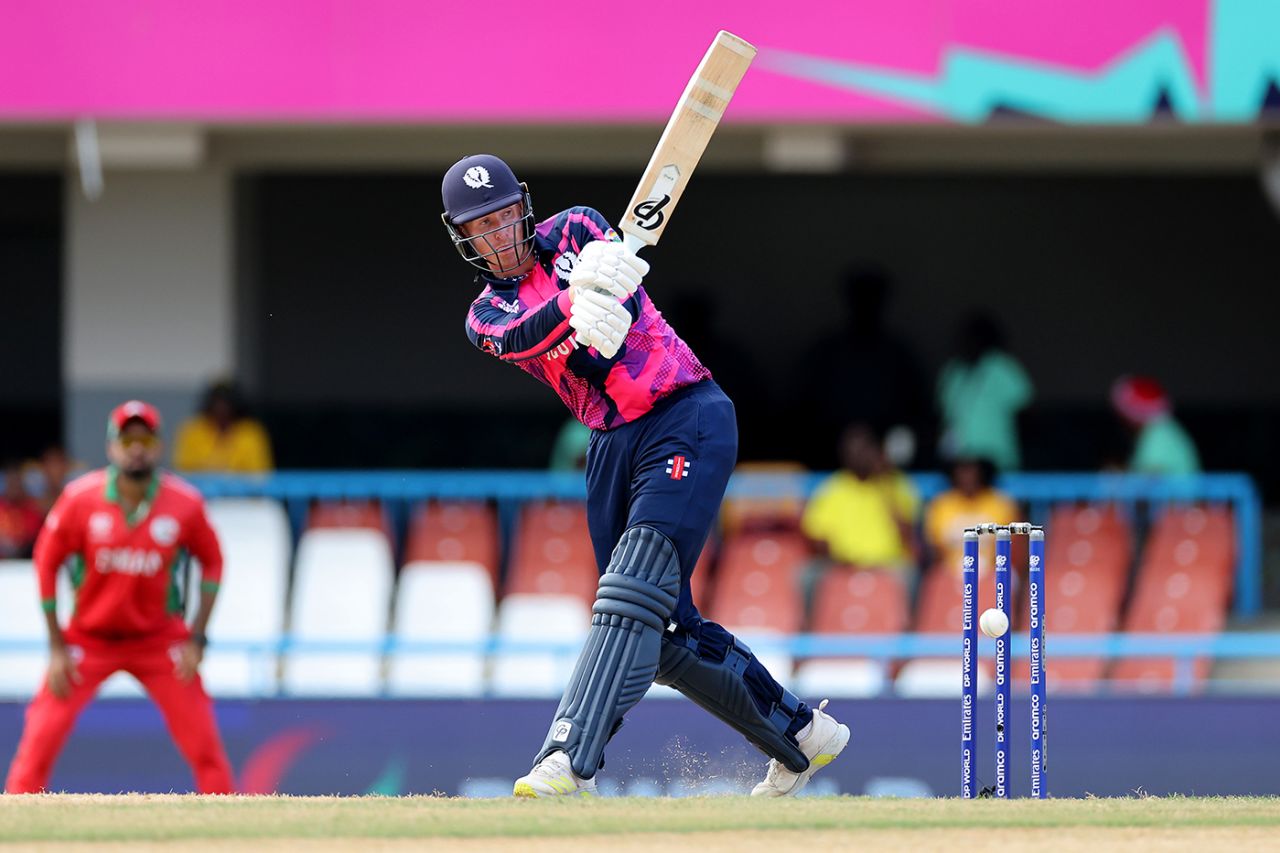 Brandon McMullen swings one into the leg side, Scotland vs Oman, T20 World Cup, Antigua, June 9, 2024