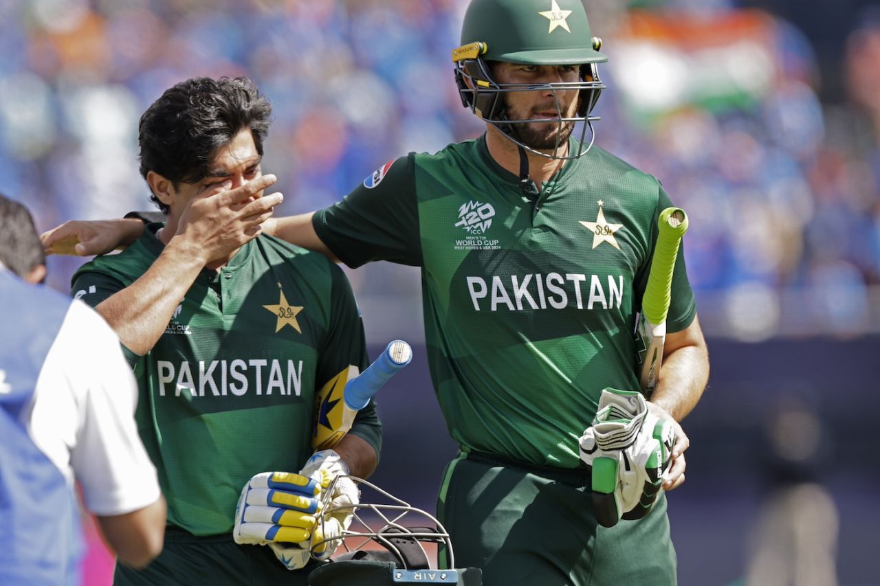 A distraight Naseem Shah walks off with Shaheen Afridi after a narrow defeat, India vs Pakistan, T20 World Cup 2024, New York, June 9, 2024