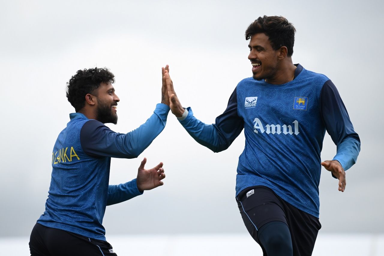 Kusal Mendis and Maheesh Theekshana share a light moment, T20 World Cup, Lauderhill, June 10, 2024