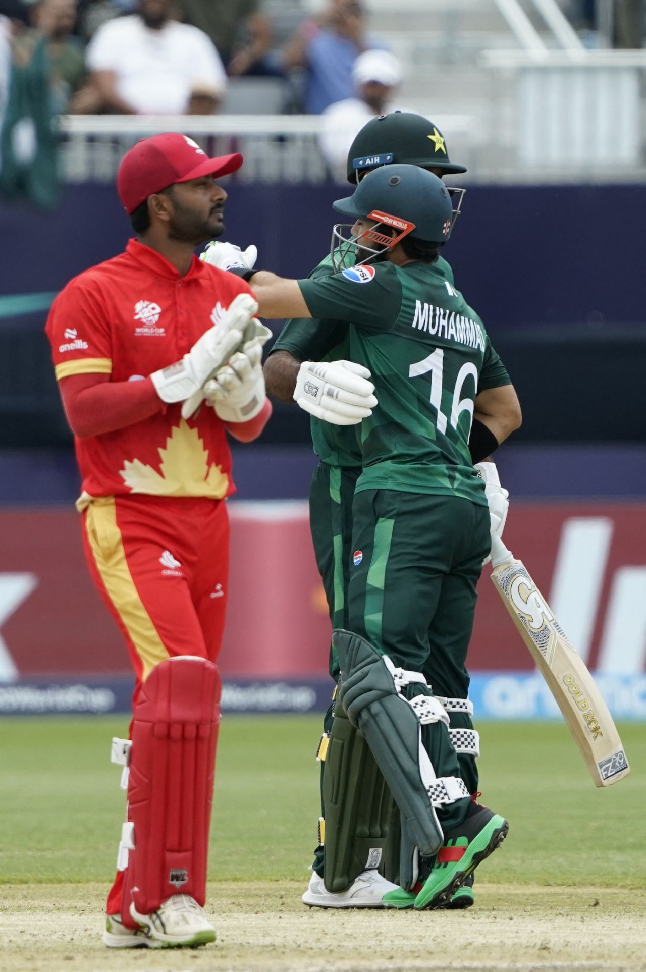 Mohammad Rizwan celebrates with Fakhar Zaman after reaching his half-century, Canada vs Pakistan, T20 World Cup 2024, New York, June 11, 2024