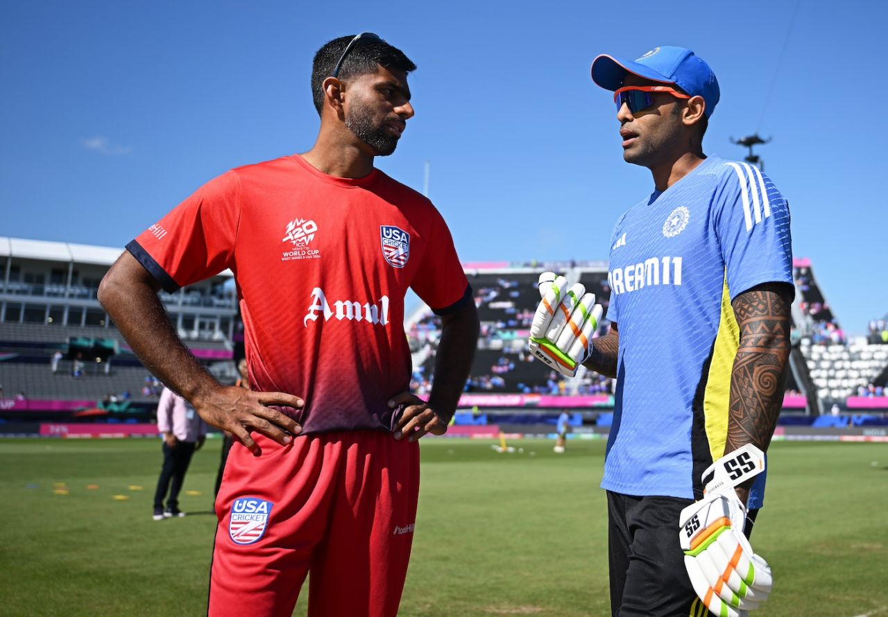 Saurabh Netravalkar and Suryakumar Yadav catch up before the game, USA vs India, T20 World Cup 2024, New York, June 12, 2024