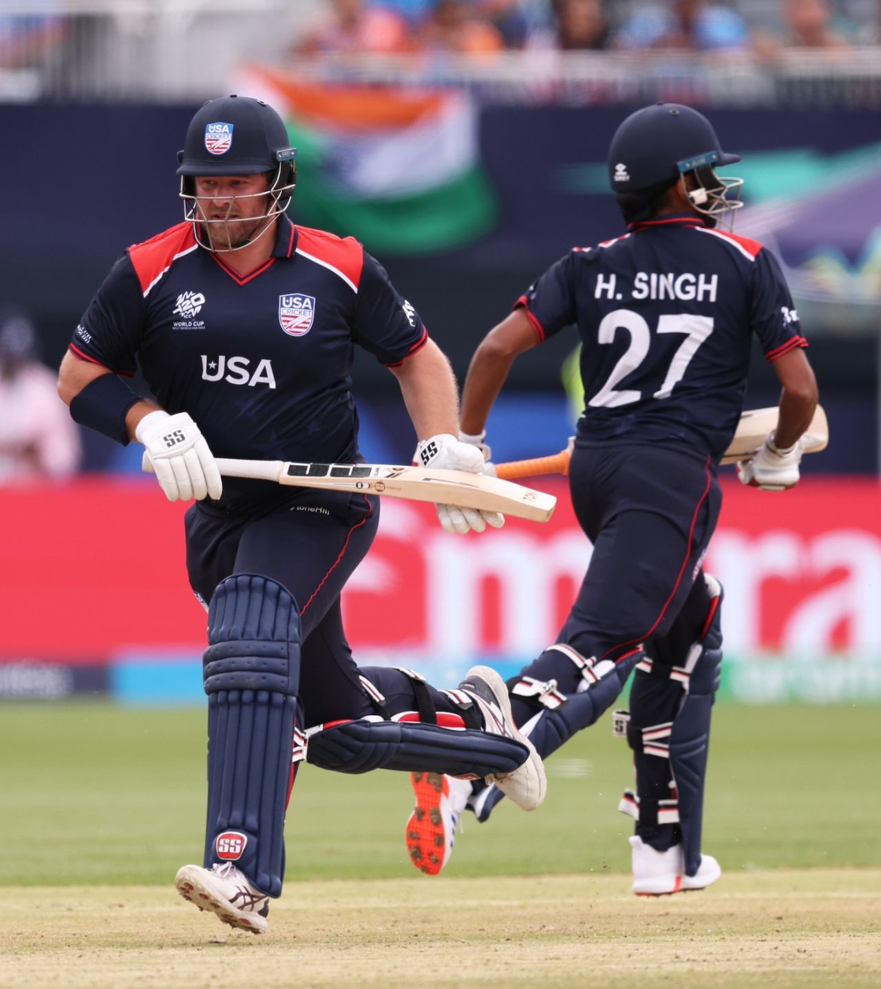 Corey Anderson and Harmeet Singh dash across for a single, USA vs India, T20 World Cup 2024, New York, June 12, 2024