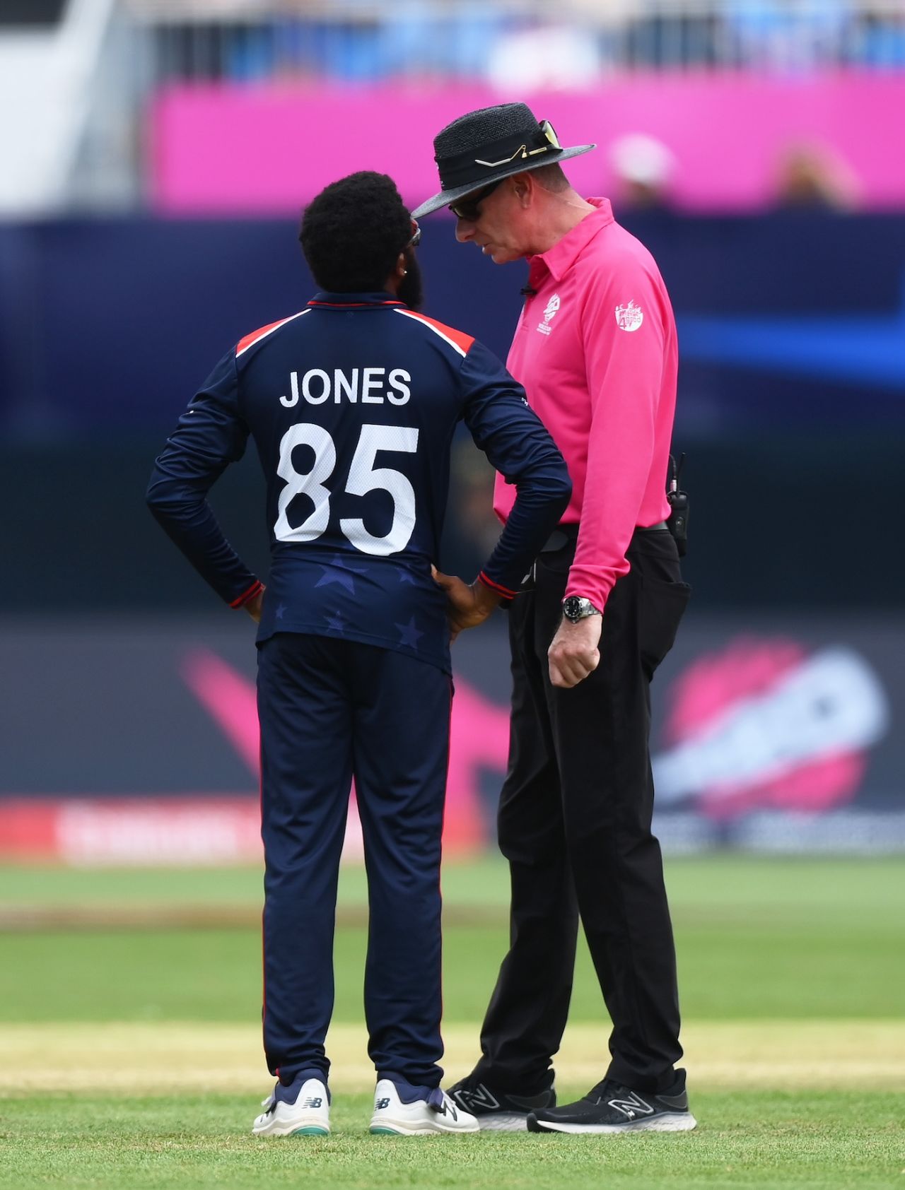 Aaron Jones checks with Paul Reiffel after USA were penalised five runs, USA vs India, T20 World Cup 2024, New York, June 12, 2024