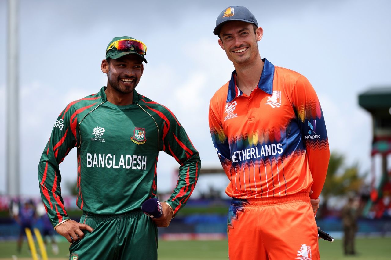 Bangladesh captain Najmul Hossain Shanto and Netherlands captain Scott Edwards at the toss, Bangladesh vs Netherlands, T20 World Cup 2024, Kingstown, June 13, 2024