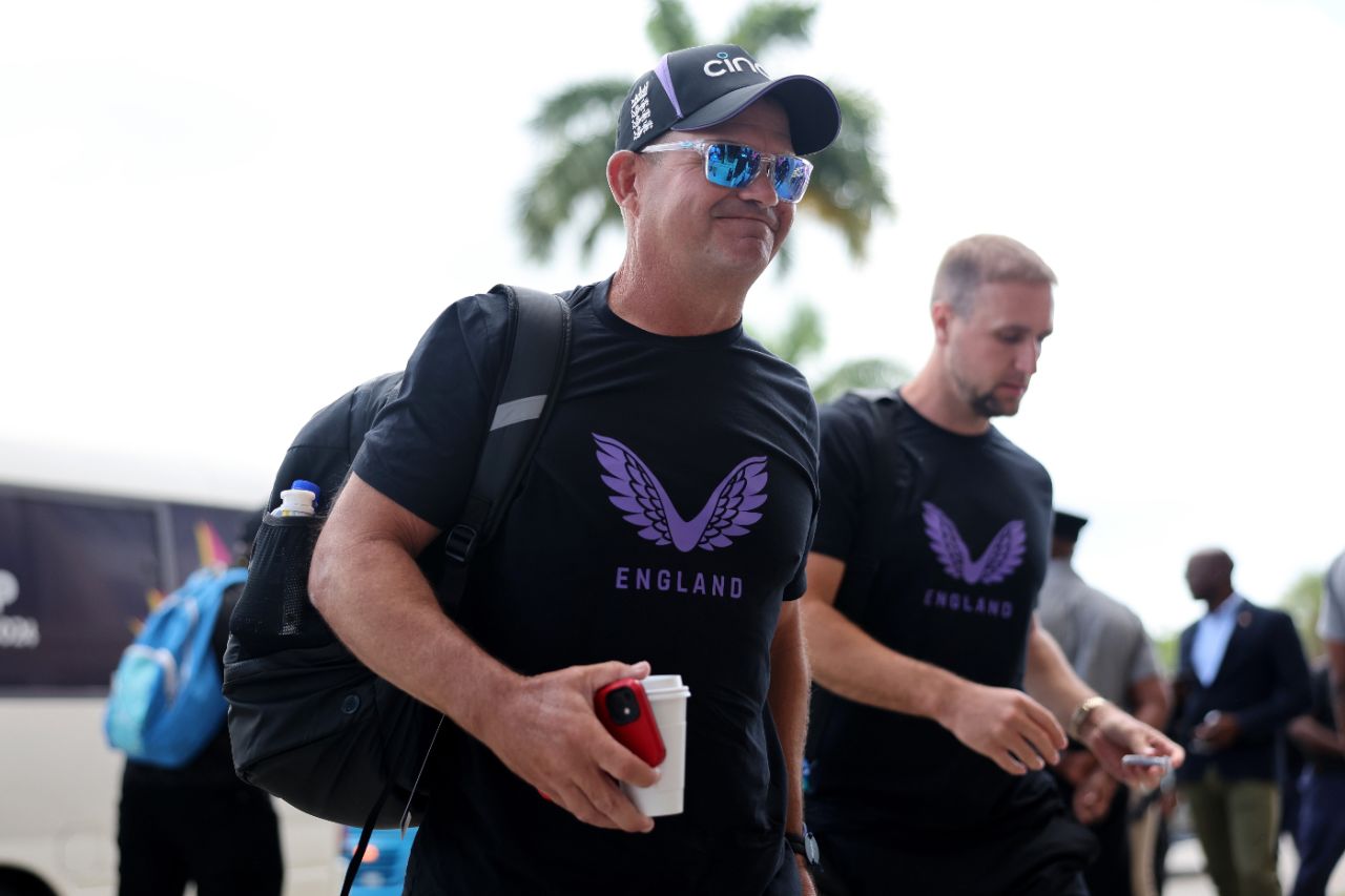 Matthew Mott and Liam Livingstone arrive for the Oman match, England vs Oman, T20 World Cup, Antigua, June 13, 2024