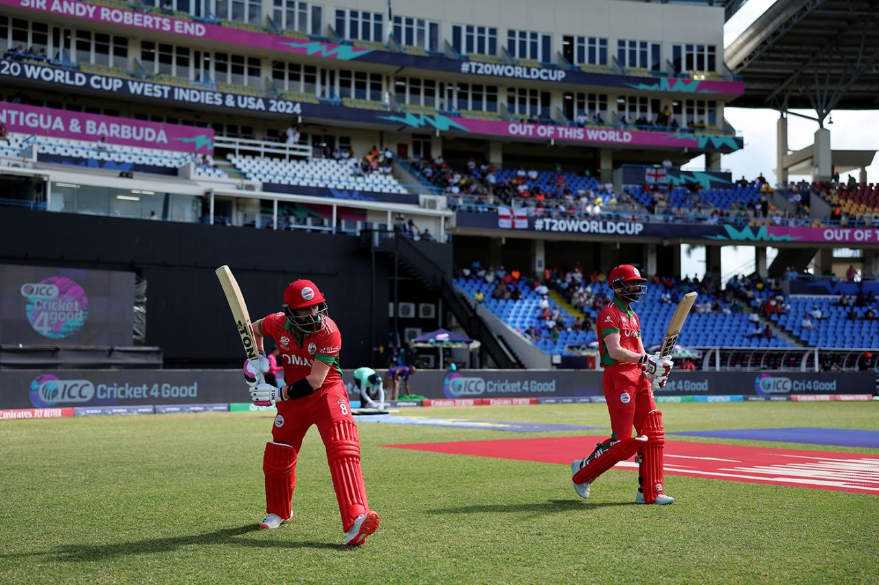 Kashyap Prajapati and Pratik Athavale head out to open the batting, England vs Oman, T20 World Cup, Group B, Antigua, June 13, 2024