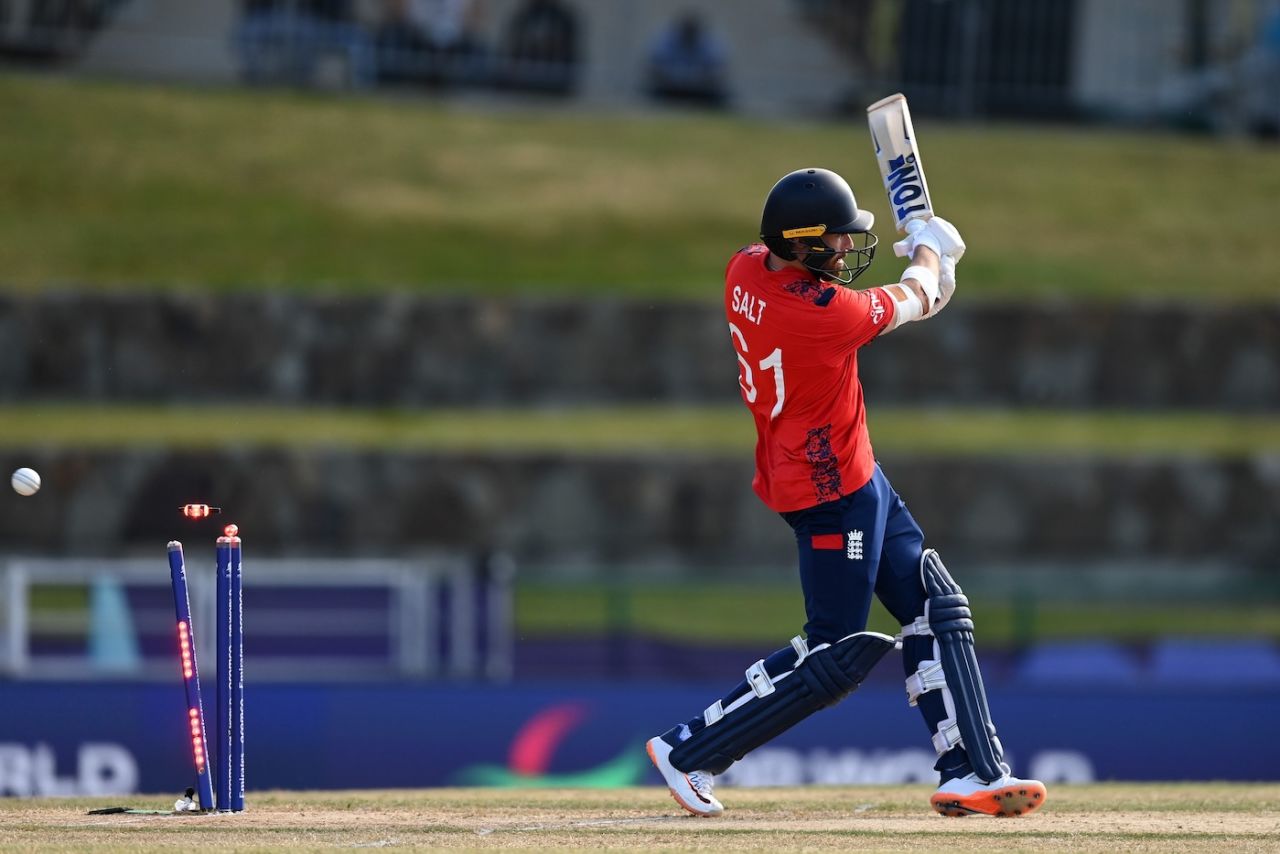 Phil Salt is bowled third ball after hitting his first two balls for sixes, England vs Oman, T20 World Cup, Group B, Antigua, June 13, 2024