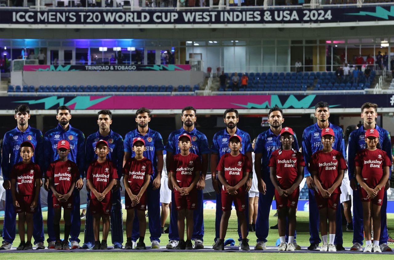 Afghanistan players line up for the national anthem, Afghanistan vs PNG, T20 World Cup, Group C, Trinidad, June 13, 2024