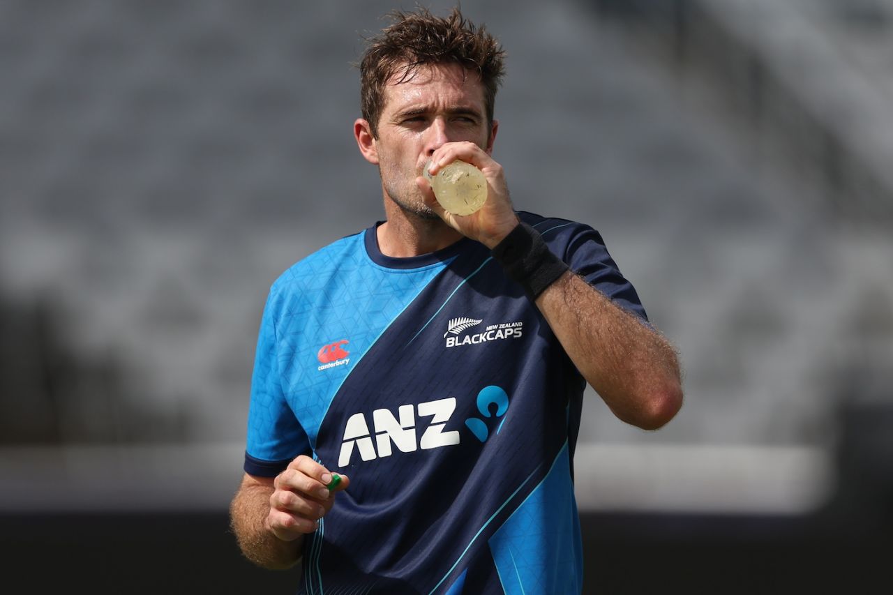 Tim Southee takes a break during a training session, West Indies vs New Zealand, T20 World Cup, Tarouba, June 11, 2024