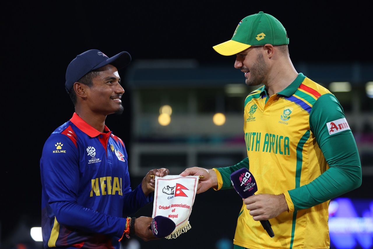 Rohit Paudel and Aiden Markram stood for the toss in the first ever T20I between the two teams, Nepal vs South Africa, Men's T20 World Cup, Kingstown, June 14, 2024