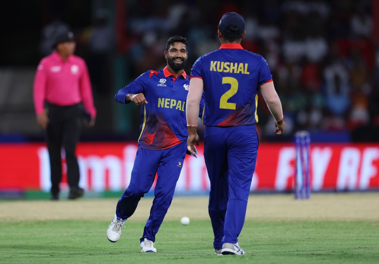 Dipendra Singh Airee celebrates after taking a return catch to dismiss Quinton de Kock, Nepal vs South Africa, Men's T20 World Cup, Kingstown, June 14, 2024