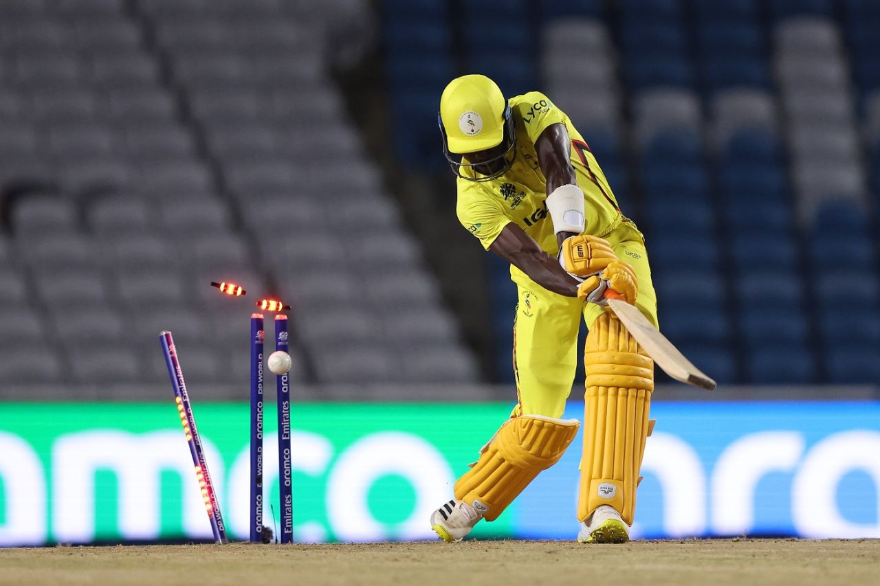 Robinson Obuya was cleaned up for a golden duck, New Zealand vs Uganda, Men's T20 World Cup, Tarouba, June 14, 2024