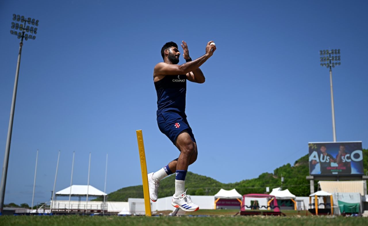 Safyaan Sharif hit the nets under clear blue skies, T20 World Cup 2024, Gros Islet, June 14, 2024