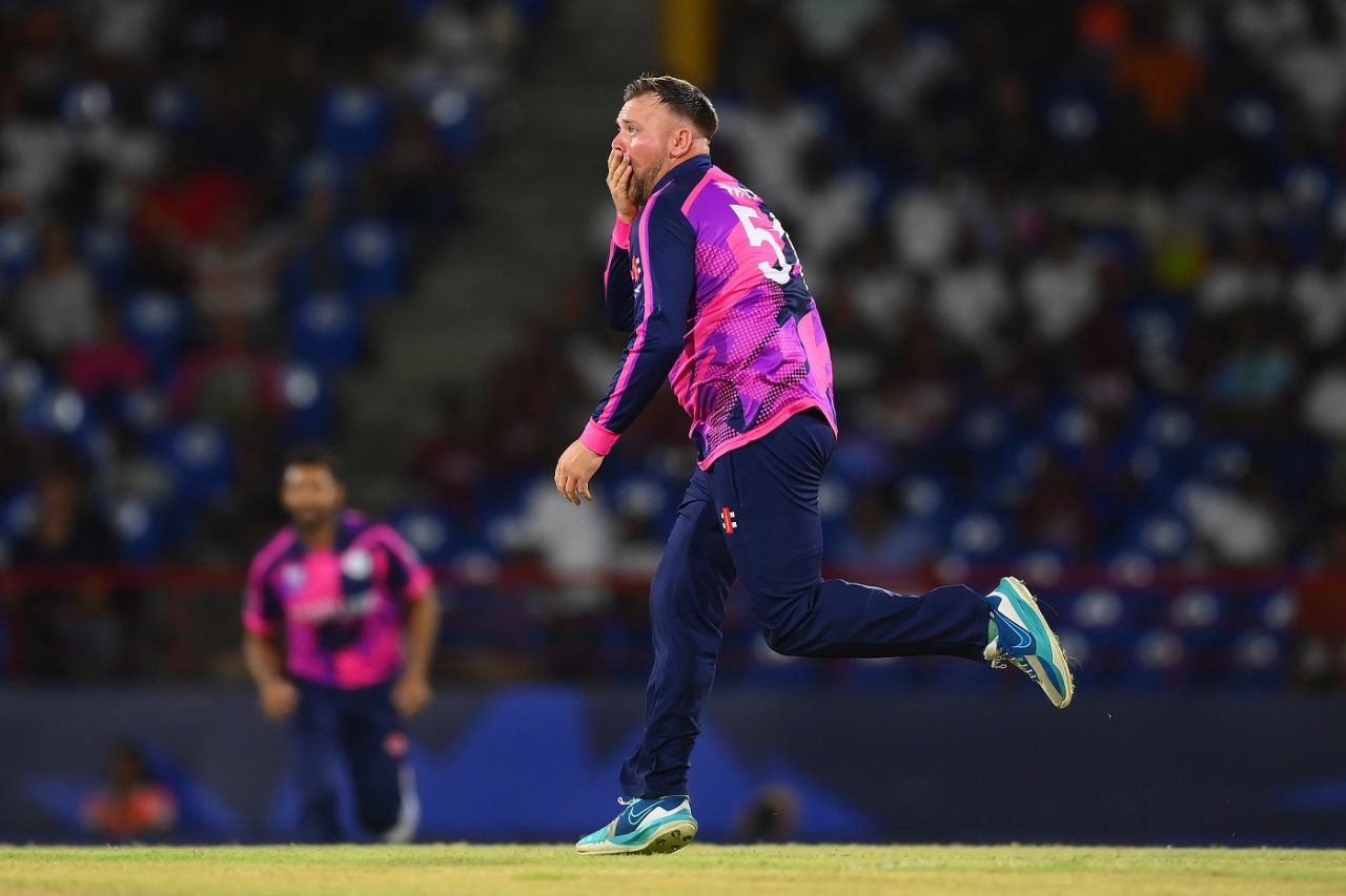 Watt a beauty! Mark Watt is off after bowling Glenn Maxwell, Australia vs Scotland, T20 World Cup 2024, Gros Islet, June 15, 2024