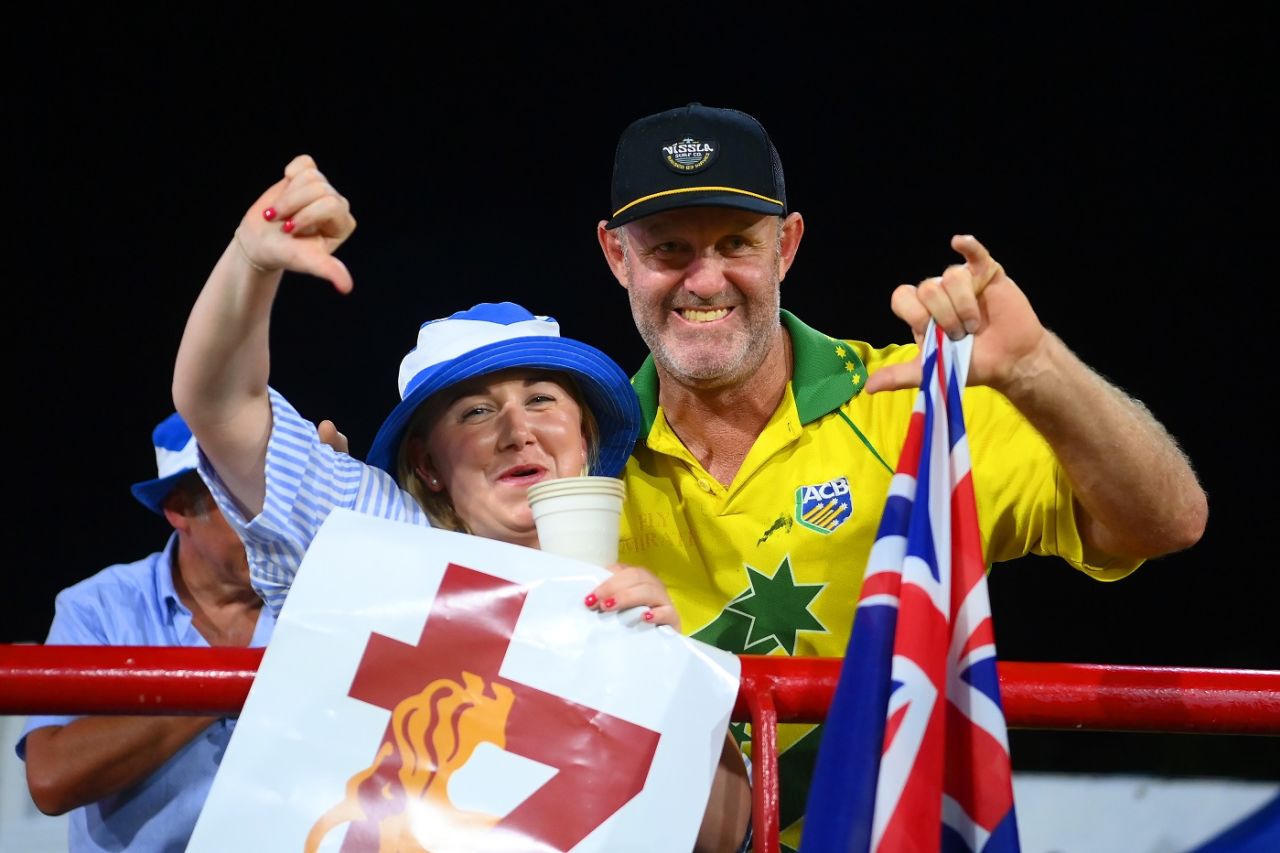 A Scotland and Australia fan pose during a tense passage, Australia vs Scotland, T20 World Cup 2024, Gros Islet, June 15, 2024