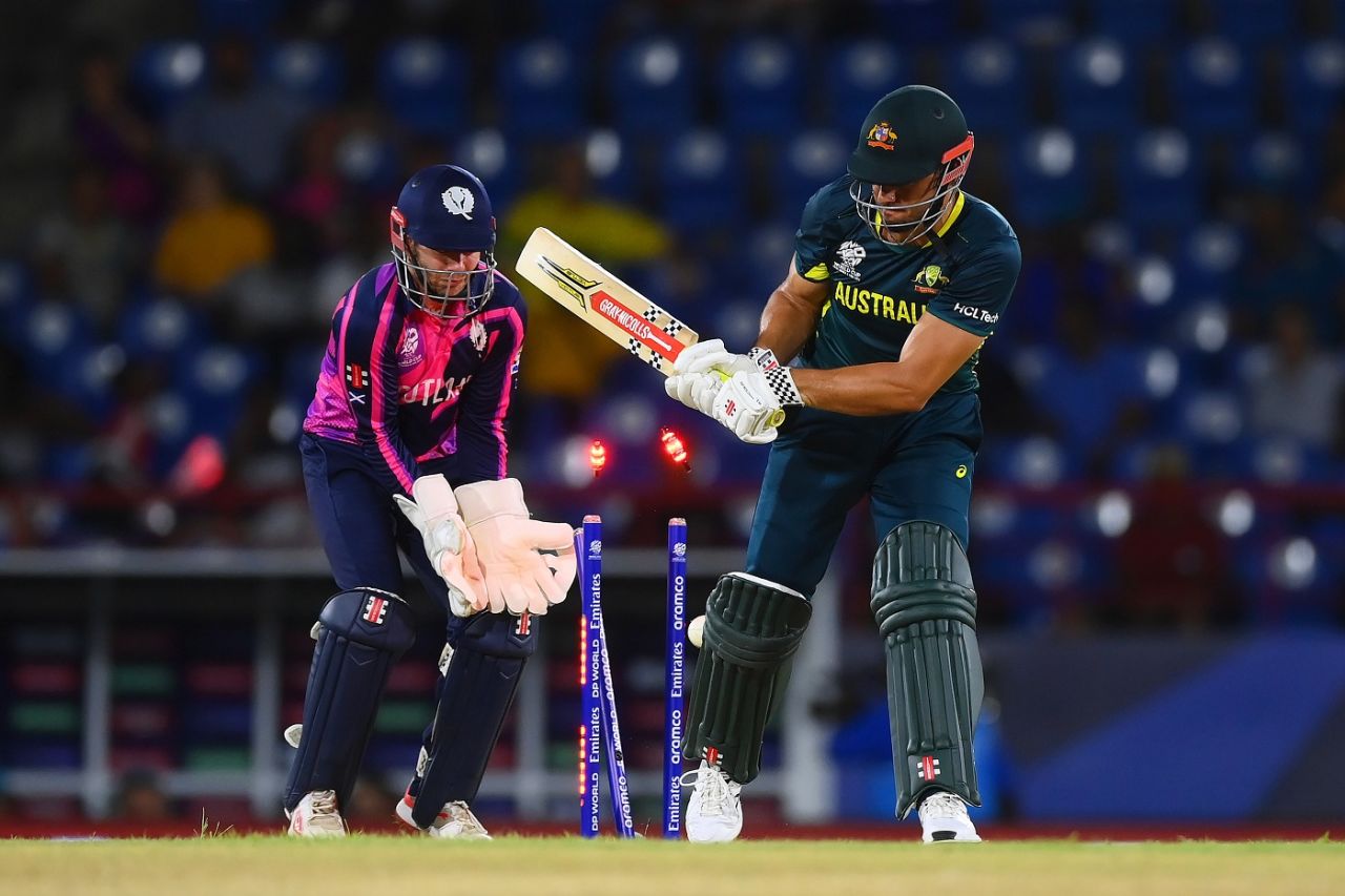 Marcus Stoinis missed a reverse lap and was bowled, Australia vs Scotland, T20 World Cup 2024, Gros Islet, June 15, 2024