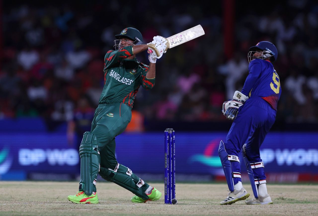 Rishad Hossain goes for a pull, Bangladesh vs Nepal, T20 World Cup 2024, Kingstown, June 16, 2024