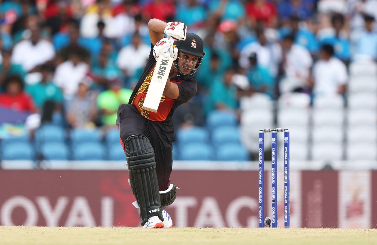 Charles Amini drives elegantly, New Zealand vs PNG, Tarouba,T20 World Cup 2024, June 17, 2024