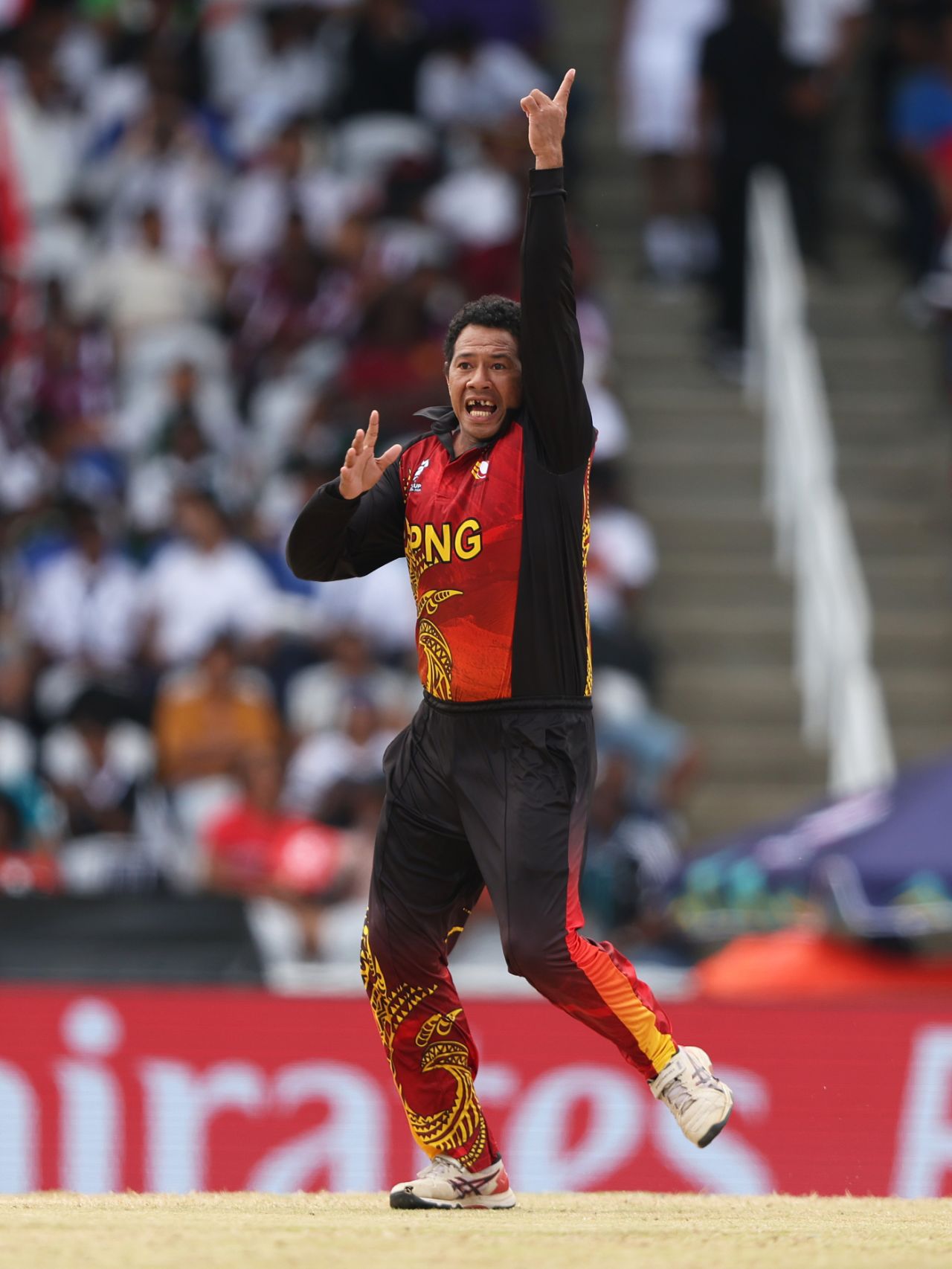 Kabua Morea appeals - successfully - for the wicket of Finn Allen, New Zealand vs PNG, Tarouba,T20 World Cup 2024, June 17, 2024