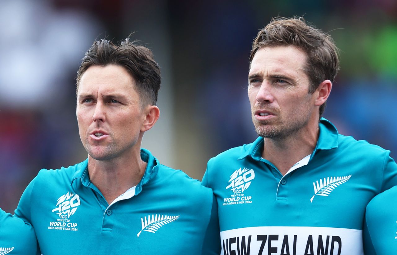 New Zealand's dynamic duo Trent Boult and Tim Southee, in what the former confirmed would be his last World Cup game, New Zealand vs PNG, Tarouba,T20 World Cup 2024, June 17, 2024