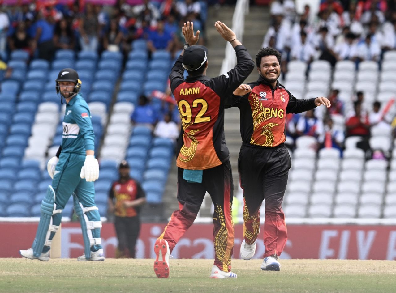 Semo Kamea is delighted after dismissing Devon Convoy, New Zealand vs PNG, Tarouba,T20 World Cup 2024, June 17, 2024