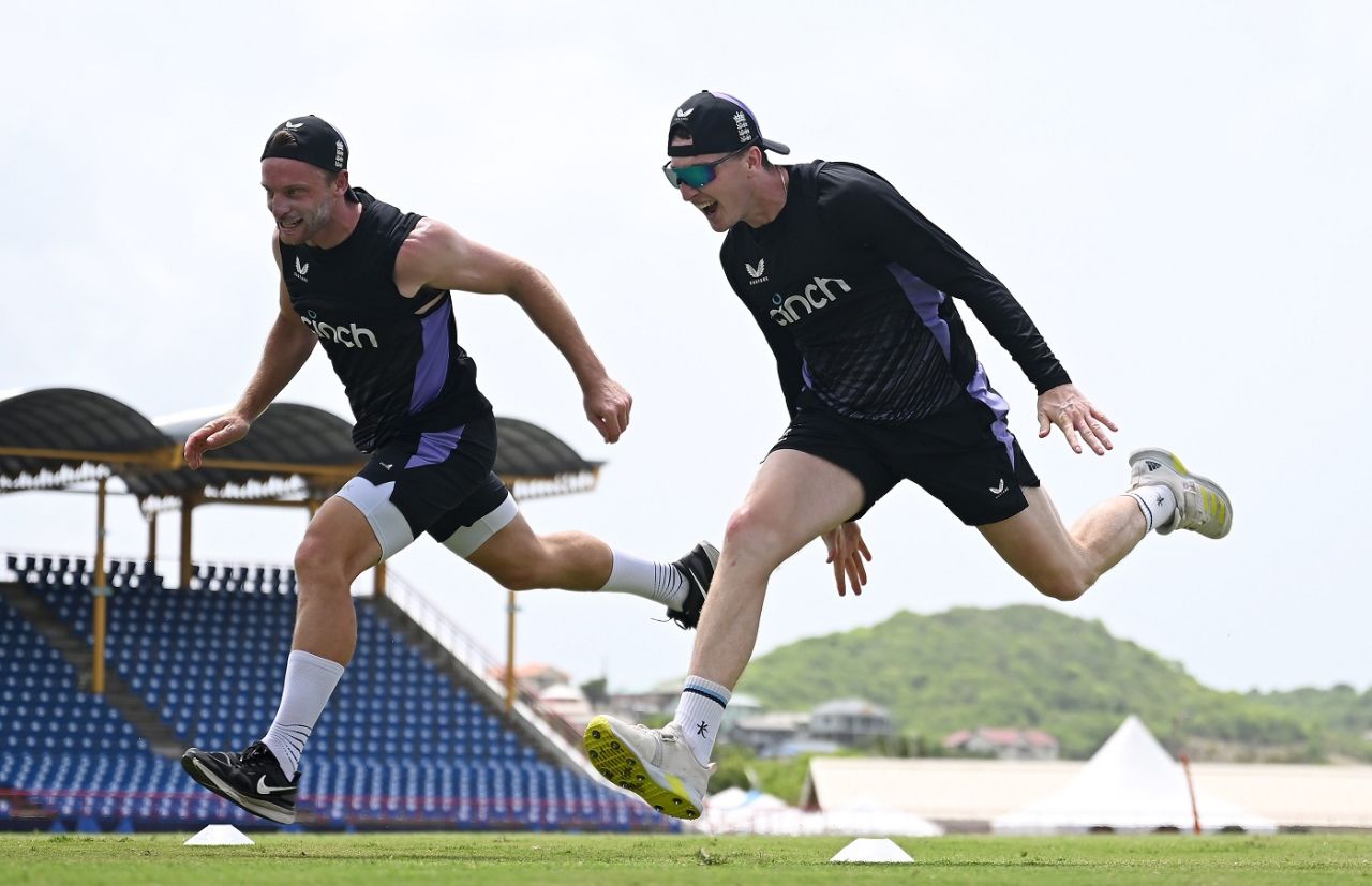 Who's winning it? Jos Buttler and Harry Brook in a running race, T20 World Cup 2024, Gros Islet, June 18, 2024