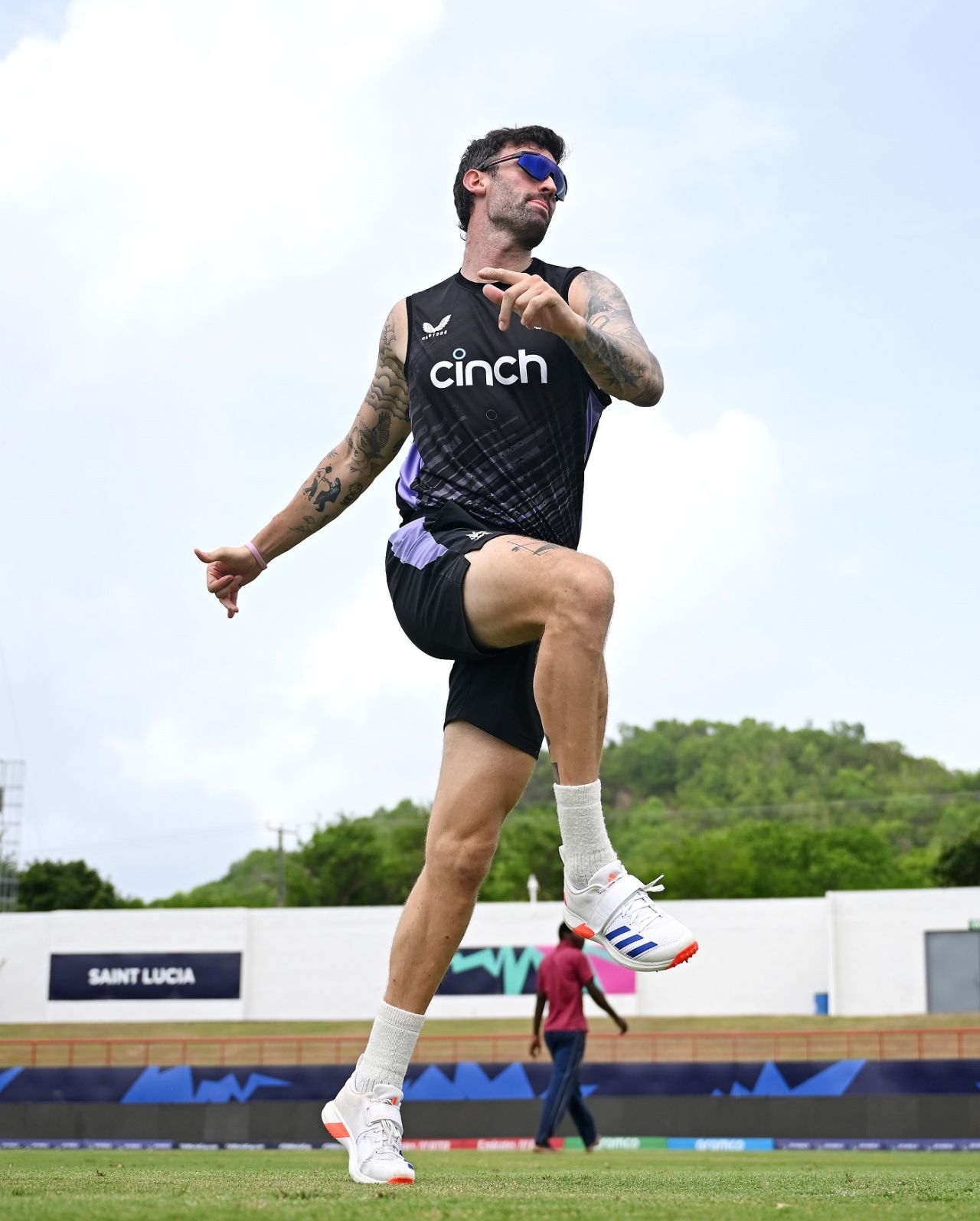 Reece Topley warms up, T20 World Cup 2024, Gros Islet, June 18, 2024