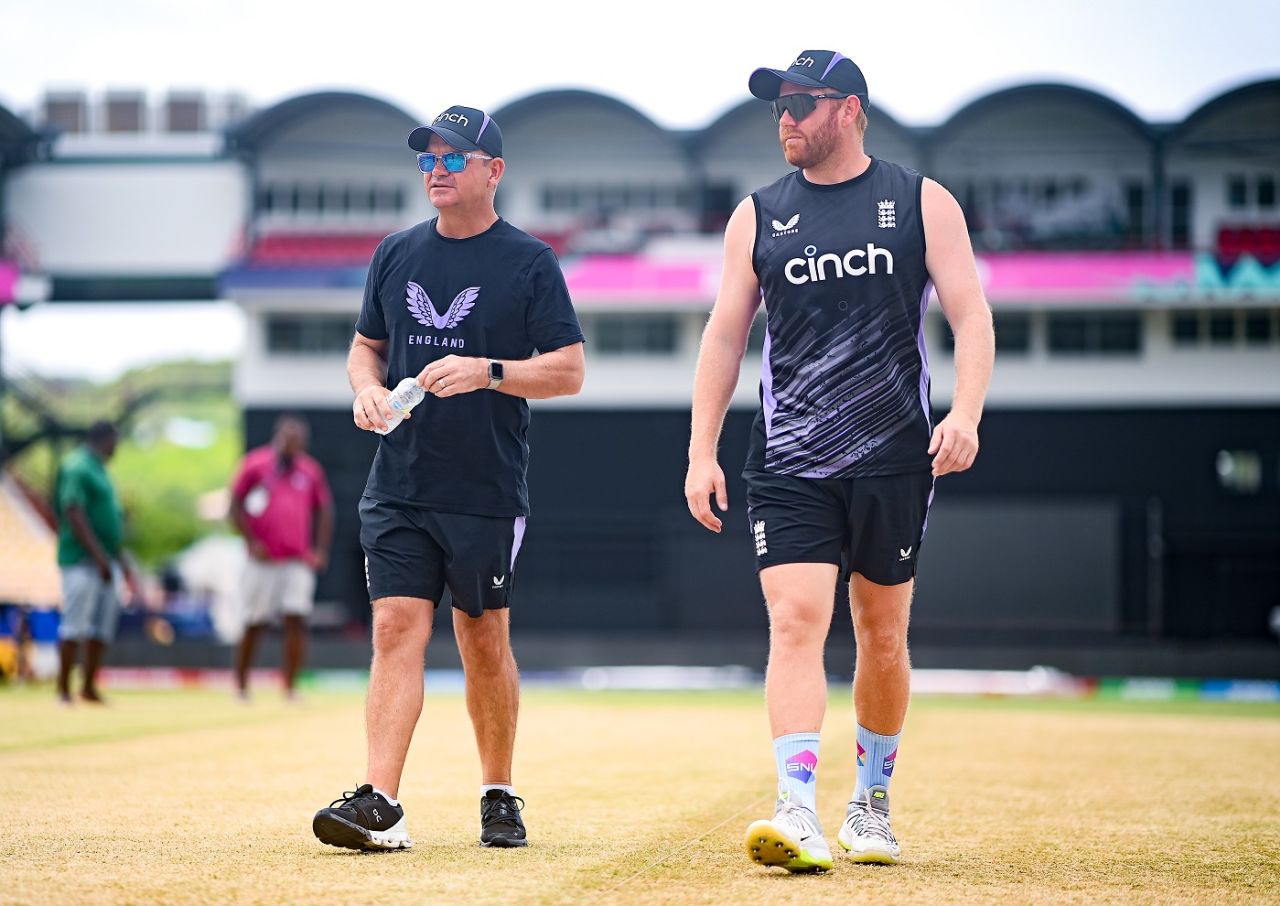 Matthew Mott and Jonny Bairstow head towards the center ahead of England's training, T20 World Cup 2024, Gros Islet, June 18, 2024