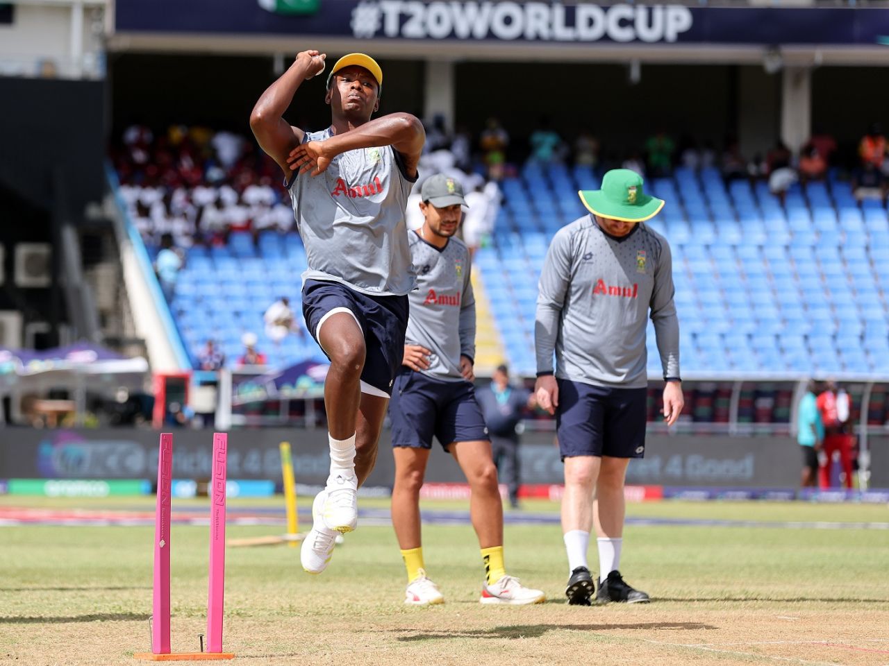 Kagiso Rabada warms up ahead of the game, USA vs South Africa, T20 World Cup 2024, Super Eight, North Sound, June 19, 2024