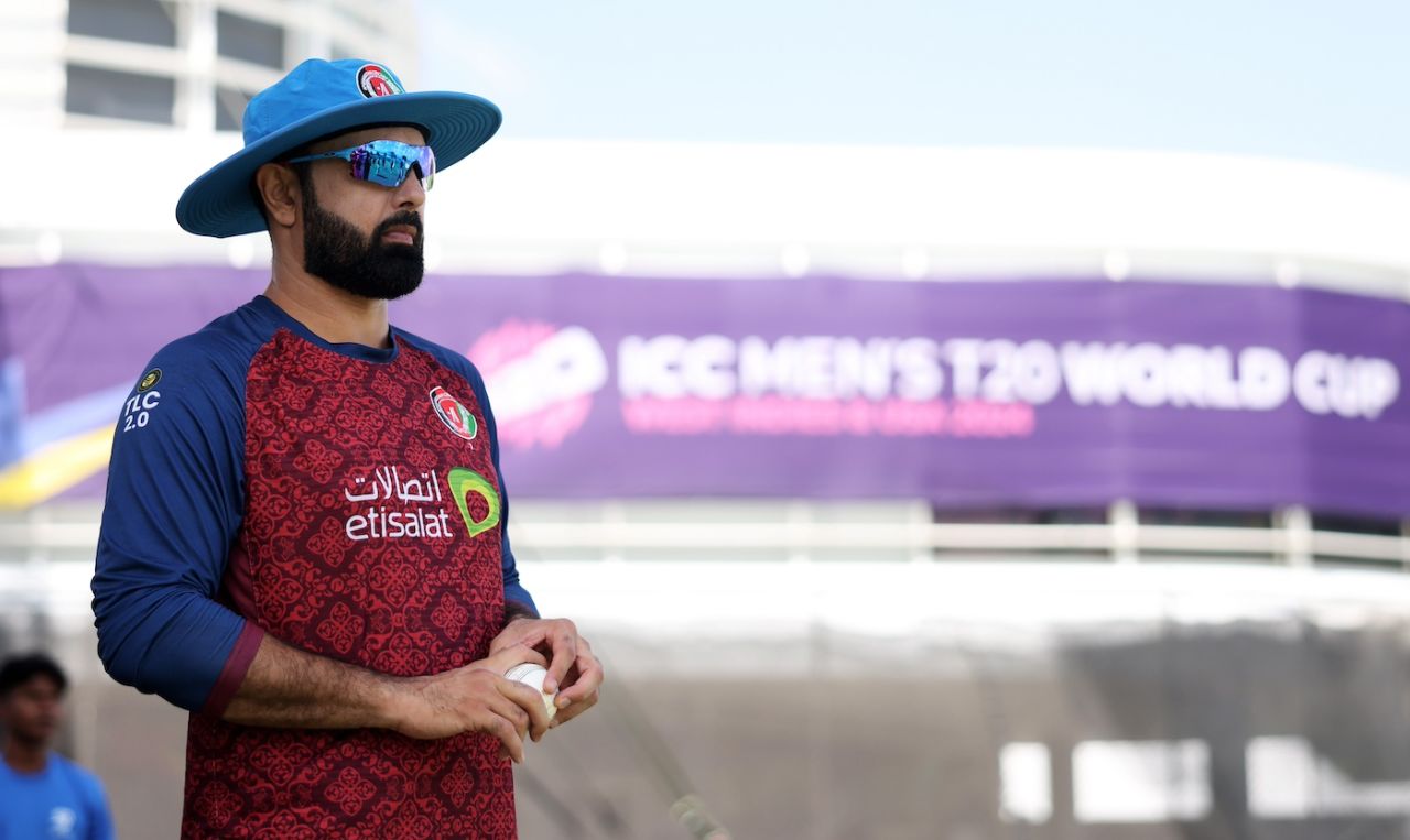 Mohammad Nabi at a net session on the eve of Afghanistan's match against India, Super Eight, T20 World Cup, Barbados, June19, 2024