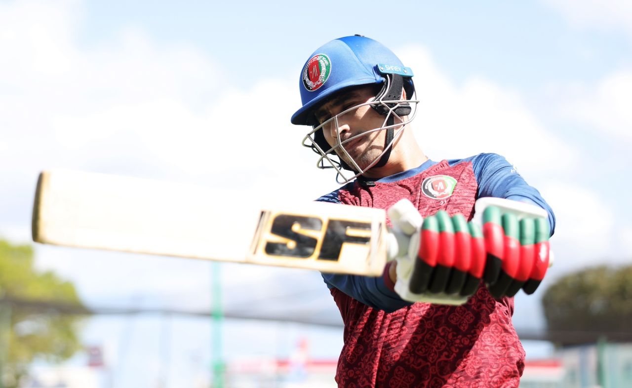 Rahmanullah Gurbaz bats in the nets on the eve of Afghanistan's match against India, Super Eight, T20 World Cup, Barbados, June19, 2024