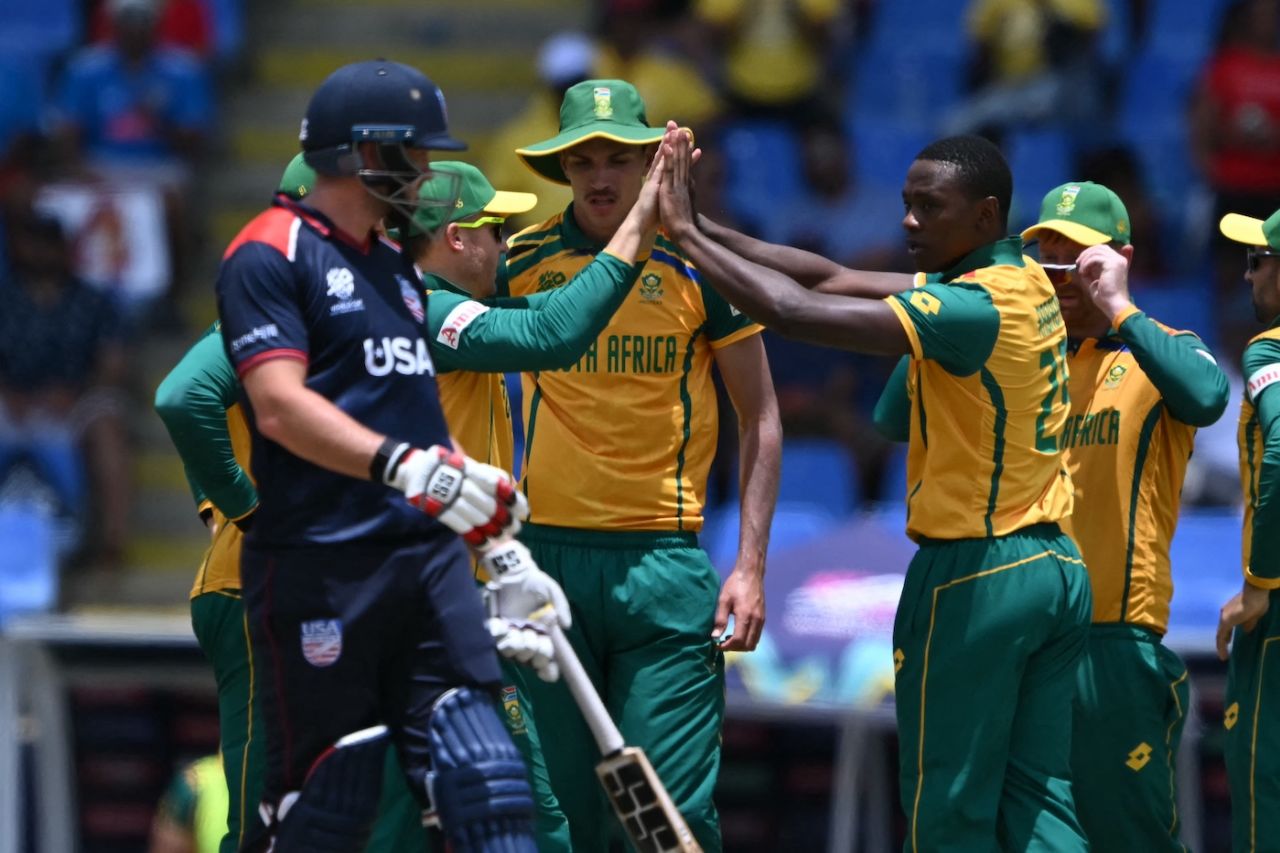 Kagiso Rabada struck twice in the powerplay, USA vs South Africa, T20 World Cup 2024, North Sound, June 19, 2024