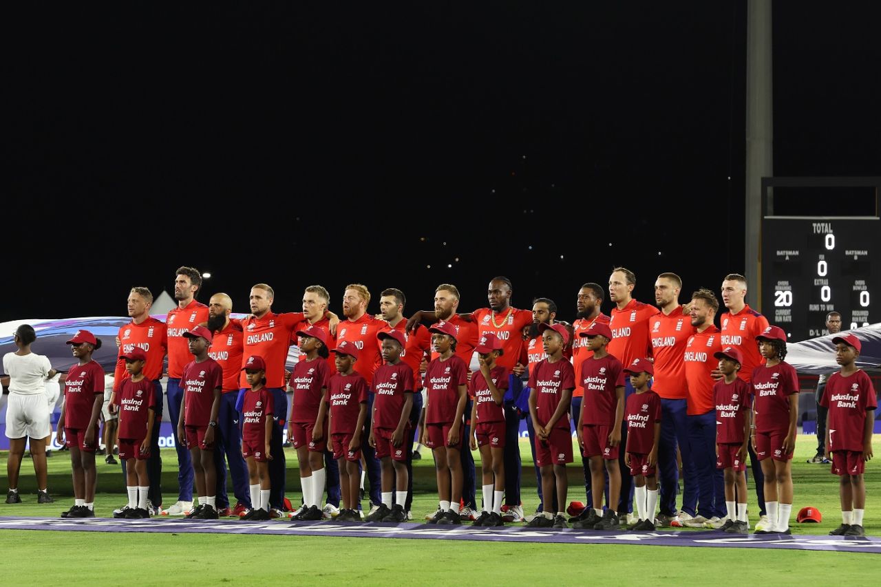 England line up for the national anthems, West Indies vs England, T20 World Cup 2024, Super Eight, Gros Islet, June 19, 2024
