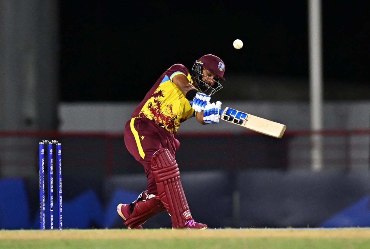 Nicholas Pooran got hold of a Mark Wood delivery, West Indies vs England, T20 World Cup 2024, Super Eight, Gros Islet, June 19, 2024