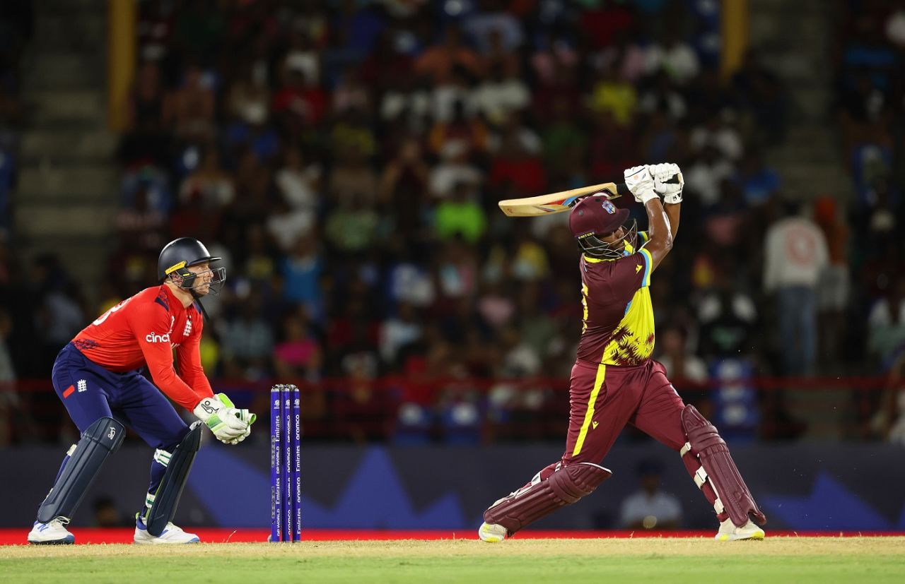 Johnson Charles deposits Adil Rashid into the midwicket stands, West Indies vs England, T20 World Cup 2024, Super Eight, Gros Islet, June 19, 2024