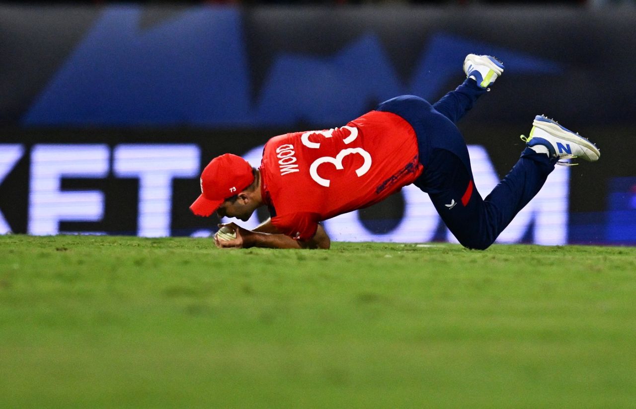 Mark Wood takes a low, tumbling catch to dismiss Rovman Powell, West Indies vs England, T20 World Cup 2024, Super Eight, Gros Islet, June 19, 2024