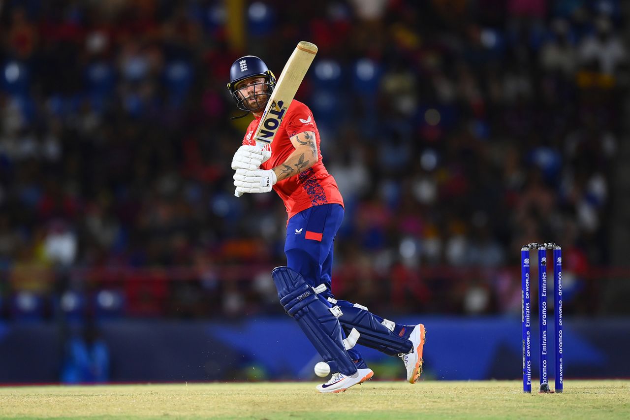 Phil Salt flicks off his pads as England begin their chase, West Indies vs England, T20 World Cup 2024, Super Eight, Gros Islet, June 19, 2024
