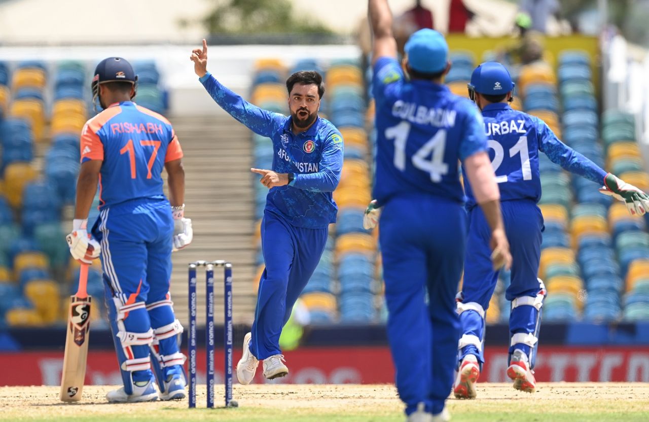 Rashid Khan takes off after trapping Rishabh Pant, Afghanistan vs India, T20 World Cup Super Eight, Bridgetown, June 20, 2024