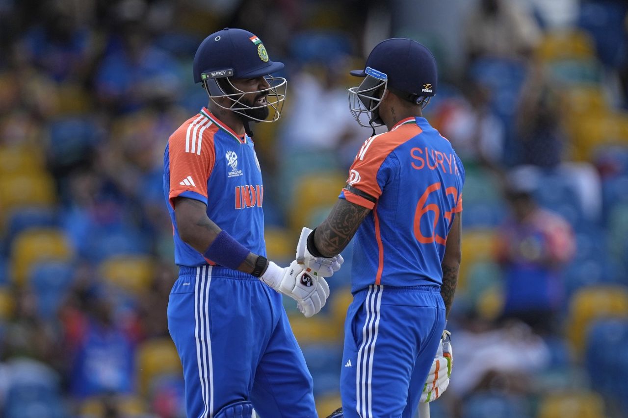 Hardik Pandya and Suryakumar Yadav rebuilt after quick wickets, Afghanistan vs India, T20 World Cup Super Eight, Bridgetown, June 20, 2024