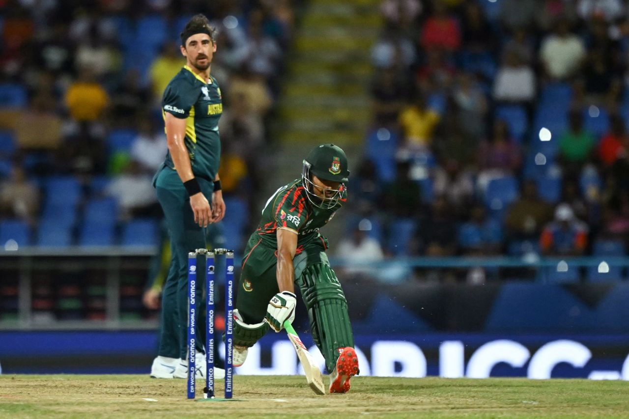 Mitchell Starc looks on as Najmul Hossain Shanto avoids a run-out, Australia vs Bangladesh, T20 World Cup 2024 Super Eight, Group 1, North Sound, June 20, 2024