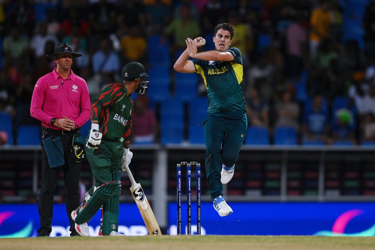 Pat Cummins had no success in his opening spell, Australia vs Bangladesh, T20 World Cup 2024 Super Eight, Group 1, North Sound, June 20, 2024