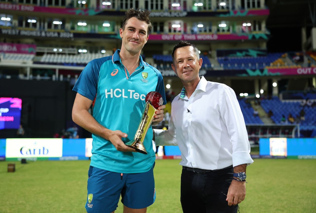 Pat Cummins received the Sir Garfield Sobers Trophy from Ricky Ponting, Australia vs Bangladesh, T20 World Cup 2024, Super Eight, Group 1, North Sound, June 20, 2024