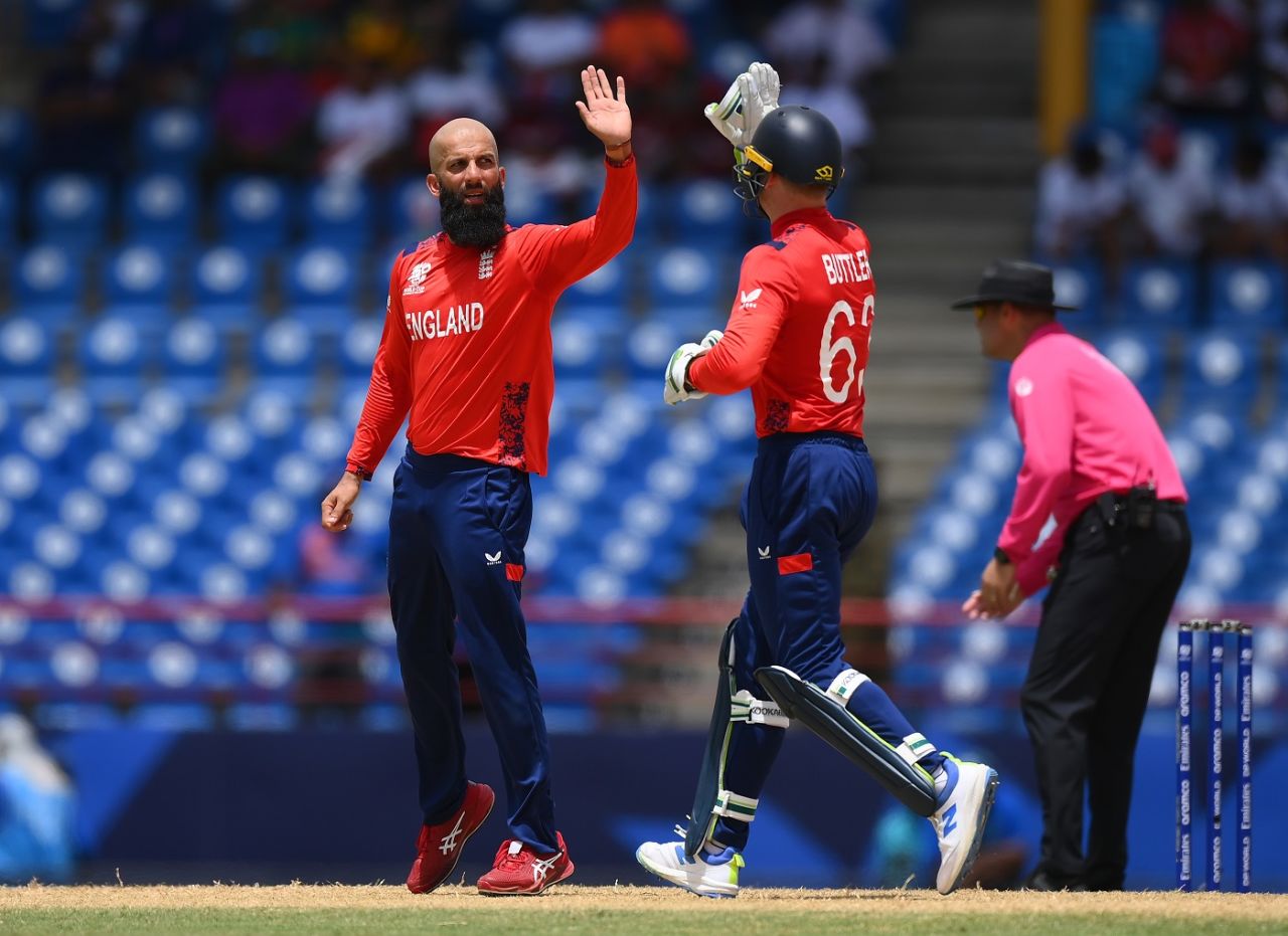 Moeen Ali celebrates after ending Reeza Hendricks' difficult innings, England vs South Africa, T20 World Cup 2024, Super Eight, St Lucia, June 21, 2024