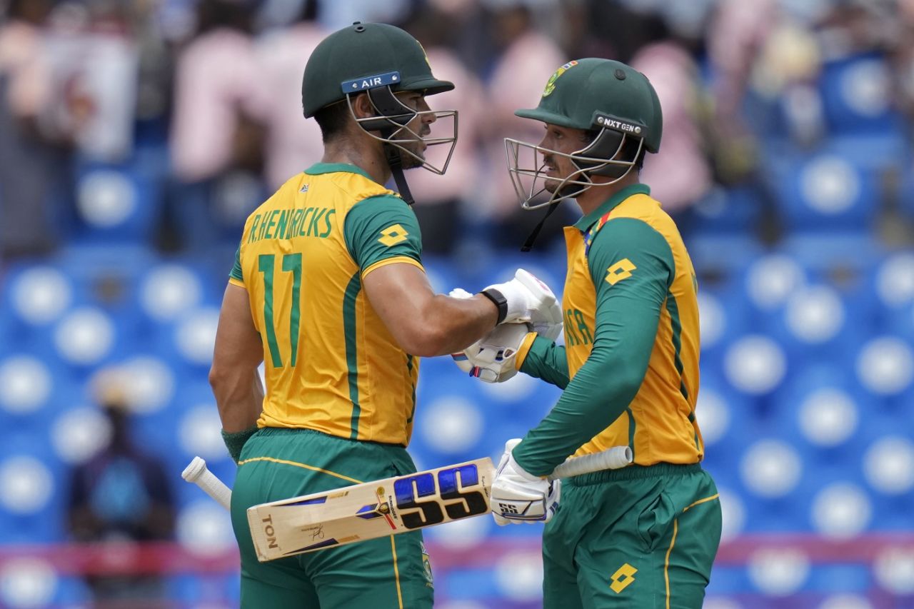 Quinton de Kock and Reeza Hendricks added 86 in 9.5 overs for the opening wicket, England vs South Africa, T20 World Cup 2024, Super Eight, St Lucia, June 21, 2024