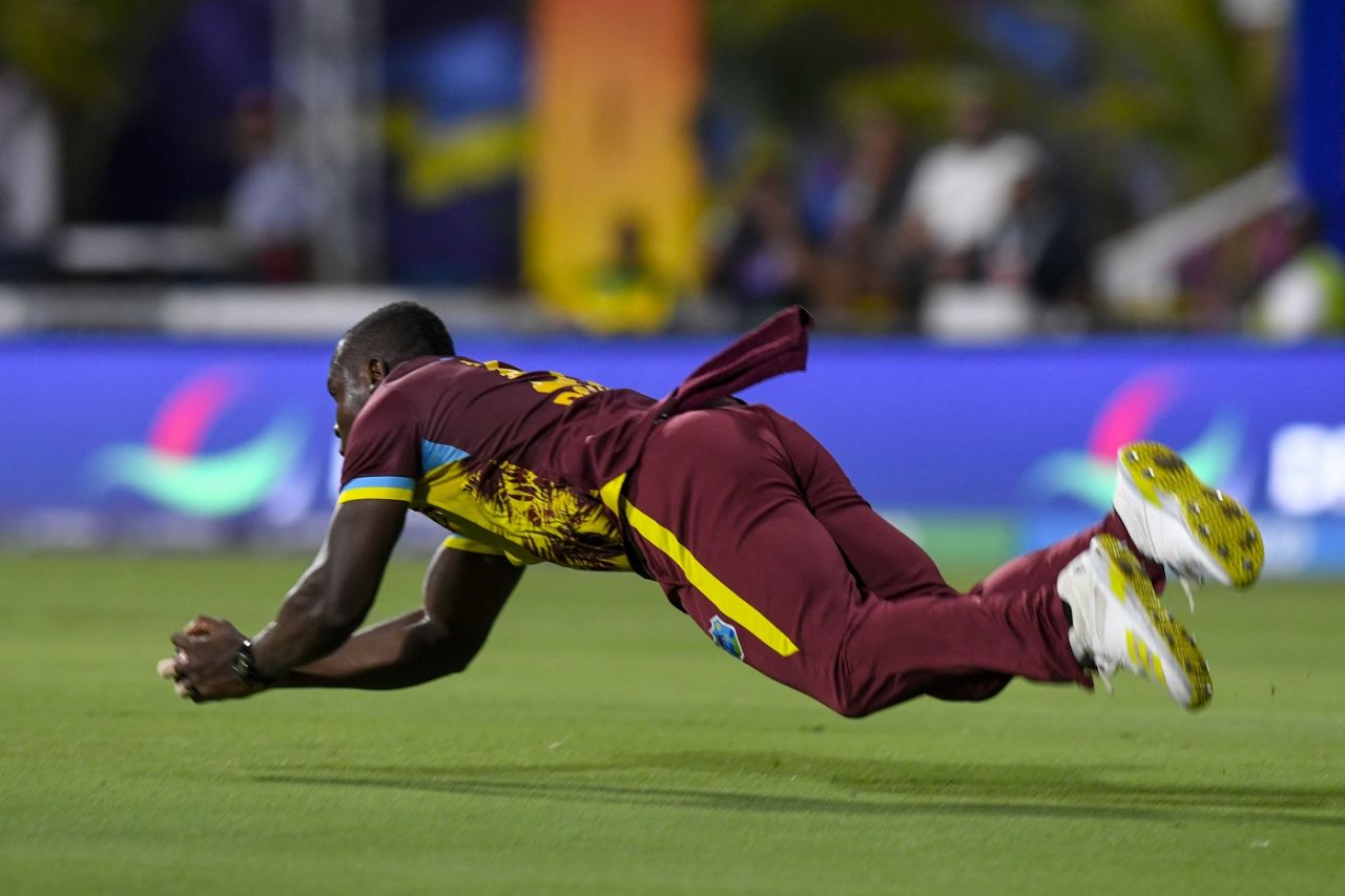 Rovman Powell takes a catch to dismiss Saurabh Netravalkar, West Indies vs USA, T20 World Cup 2024, Super Eight, Bridgetown, June 21, 2024
