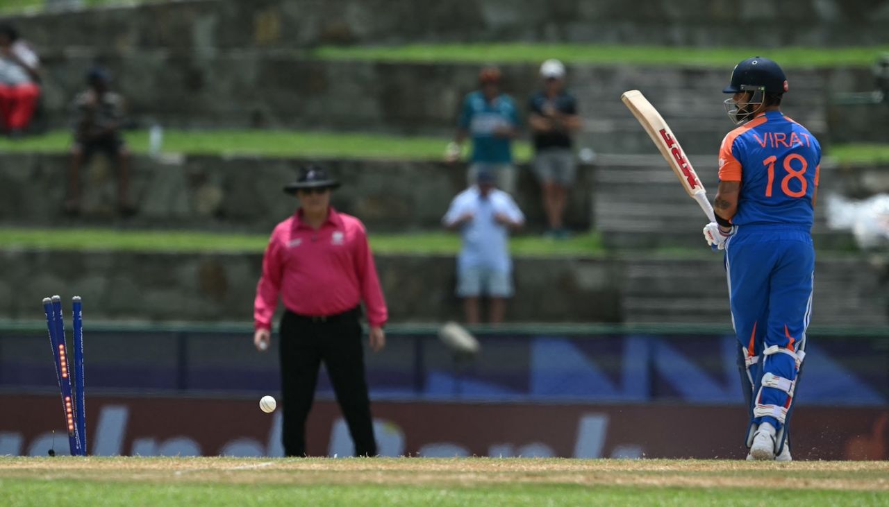 Virat Kohli looks at his shattered stumps, Bangladesh vs India, Super Eight, T20 World Cup, Antigua, June 22, 2024