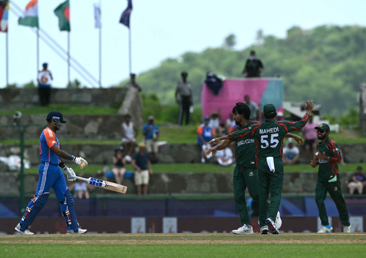 Tanzim Hasan Sakib celebrates Suryakumar Yadav's wicket, Bangladesh vs India, Super Eight, T20 World Cup, Antigua, June 22, 2024