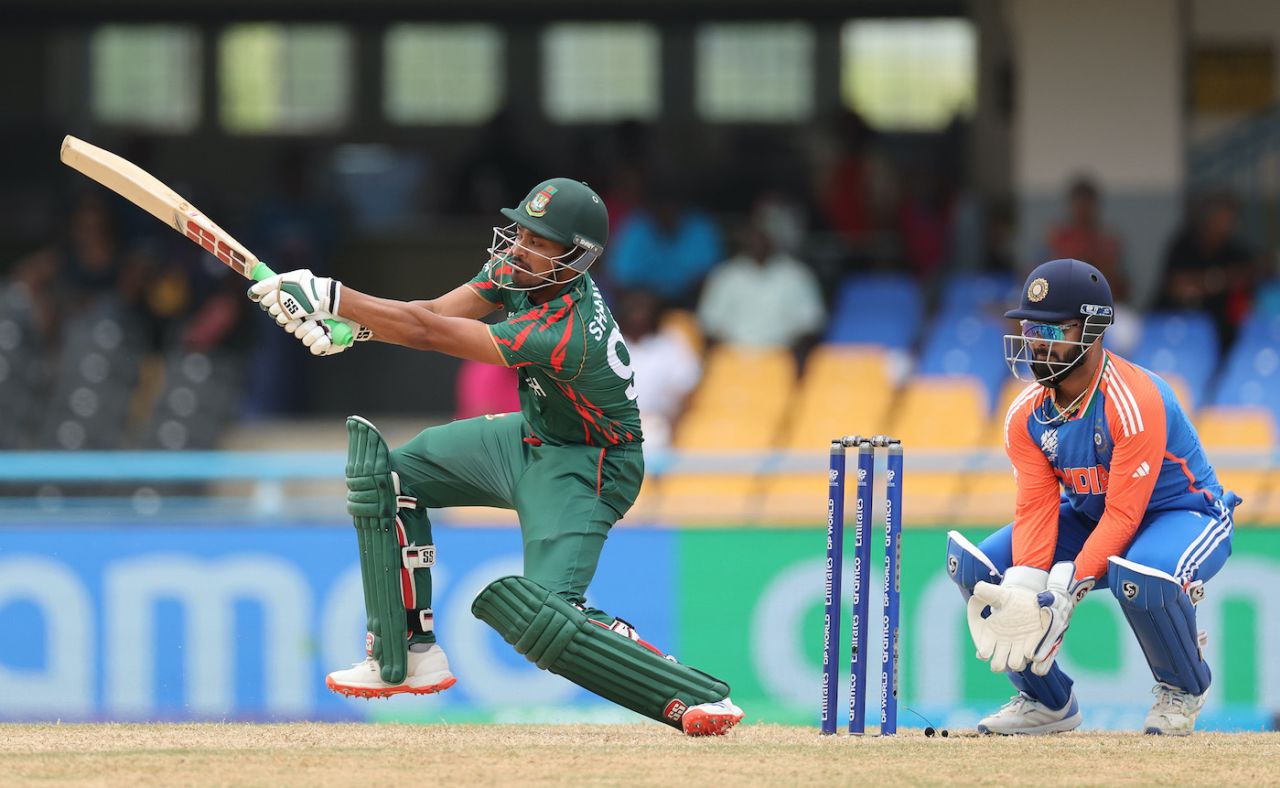 Najmul Hossain Shanto couldn't get Kuldeep Yadav away, Bangladesh vs India, Super Eight, T20 World Cup, Antigua, June 22, 2024